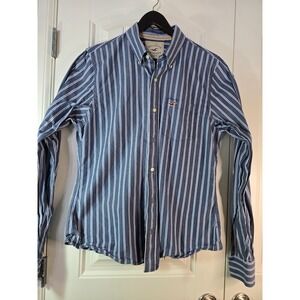 Hollister‎ Mens XL Button Down Shirt Navy Blue White Striped Long Sleeve Cotton